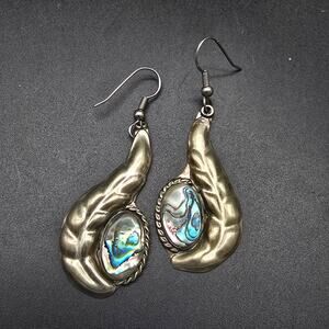 Alpaca Mexico Blue Abalone Shell Earrings Feathers Dangle Drop